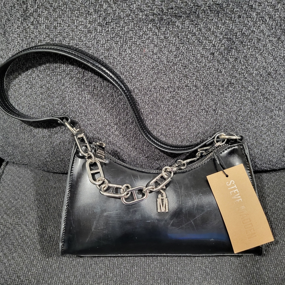 Steve Madden Glossy Black Shoulder Bag with Chain Detail